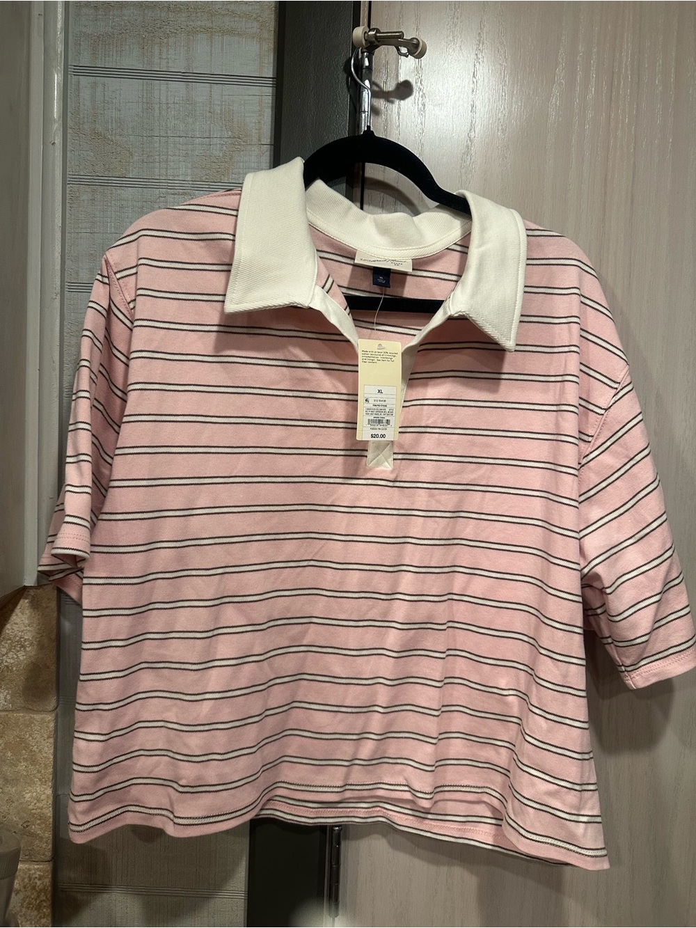 Women’s Pink Striped Polo Top with Contrast Collar
